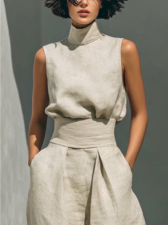 High-Waist Wide-Leg Sleeveless Jumpsuit in Light Beige - Picture 2 of 9